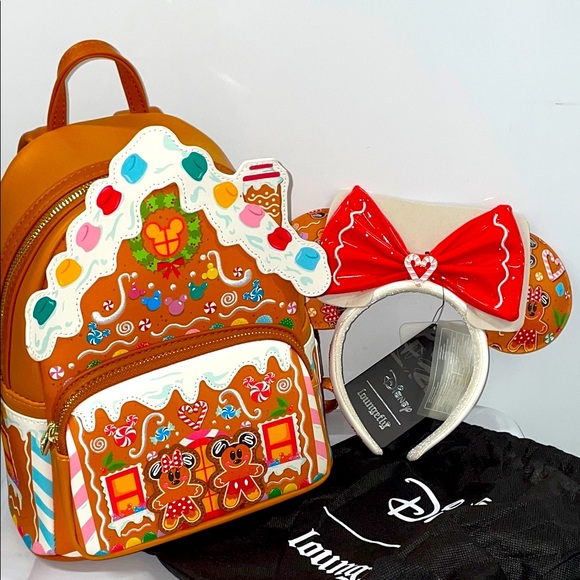 Loungefly Handbags - Loungefly Gingerbread house Minnie & Mickey Backpack& matching ears